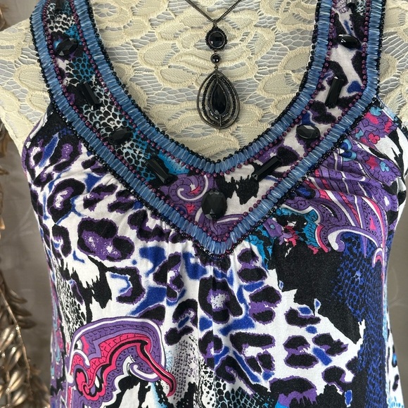 Joyous & Free Beaded Boho Tunic Tank Top M – Vibrant & Flowy 90 Lisa Frank Vibes - Picture 3 of 9